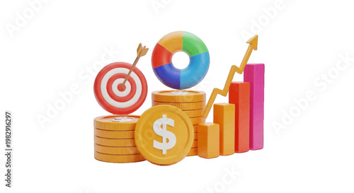 Vector illustration of 3d render of financial growth concept with coins, target, and bar chart on a transparent background