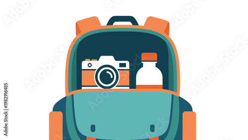 Open backpack with camera and accessories inside.