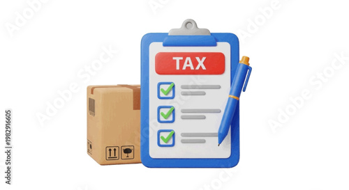 Vector illustration of 3d illustration of a tax clipboard with a pen and a cardboard shipping box on a transparent background