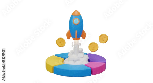 Vector illustration of 3d rocket launching from a colorful pie chart with floating gold coins on a transparent background