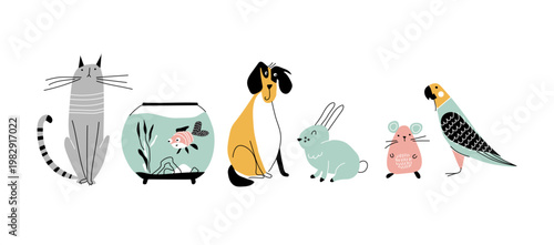 Cute Scandi Naive Style Pets Collection - Cat, Dog, Rabbit, Hamster, Mouse, Parrot and Fish in Aquarium