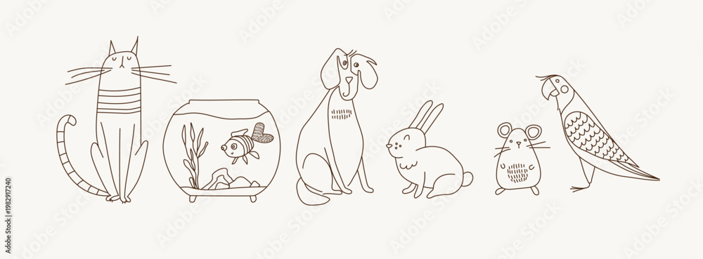 Fototapeta premium Minimalist Line Art Pets Collection - Cat, Dog, Rabbit, Hamster, Mouse, Parrot and Fish in Aquarium