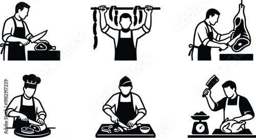 Butcher Cutting Meat Icons Set Butchery Process Vector