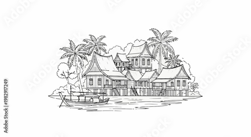Sketch of stilted houses and palm trees along a tranquil waterway