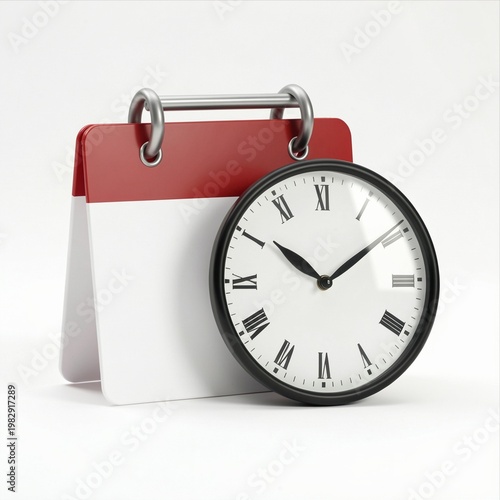 Classic Analog Clock with Red Calendar Page Hanging on White Background