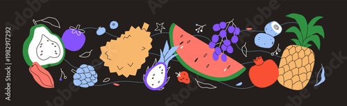 Tropical fruits, horizontal composition. Healthy natural vitamin food pattern with modern doodle style watermelon, pineapple, dragonfruit, guava. Exotic nutrition. Colored flat vector illustration
