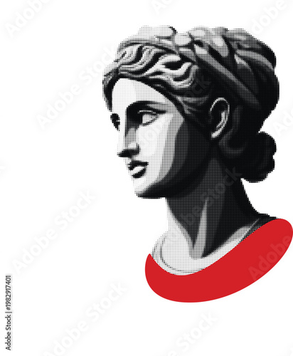 Ancient Greek Roman goddess statue bust in halftone dot style pop art woman sculpture illustration vintage aesthetic minimalist design