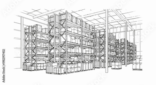 Sketch of a large warehouse interior filled with tall shelving units loaded with boxes