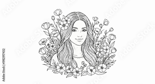 Sketch of a woman with long flowing hair surrounded by blooming flowers