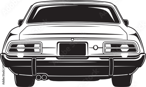 Vintage muscle car rear view vector illustration, classic american coupe silhouette, retro automotive black and white line art graphic