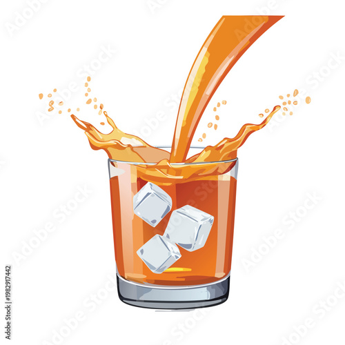 Orange juice being poured into a glass with ice cubes isolated on white