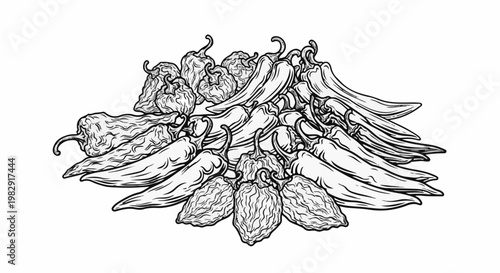 Pile of various dried and fresh chili peppers, detailed sketch
