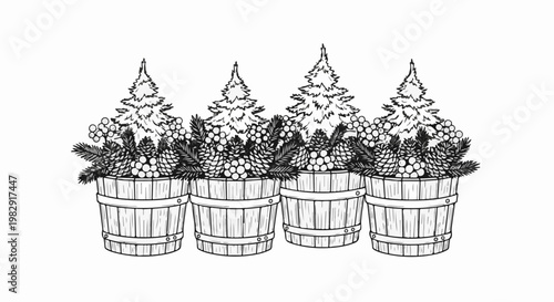 Row of wooden barrels overflowing with festive evergreen branches and pine cones