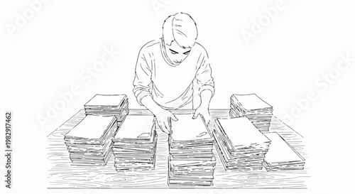 Person sorting piles of paper on a wooden surface