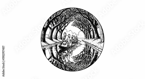 People in a boat journeying down a reflective canal surrounded by trees