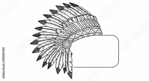 Ornate feather headdress with patterned band and blank space for text