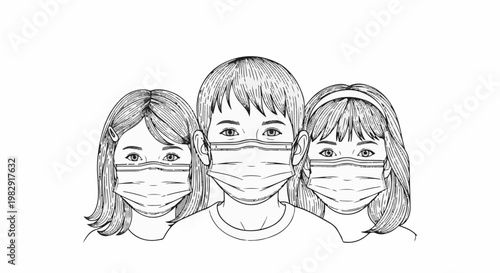Three children's faces wearing protective face masks, drawn in sketch style
