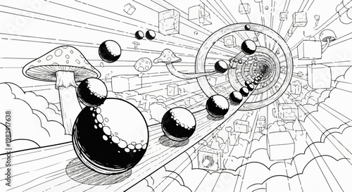 Surreal tunnel with mushrooms, orbs, and floating cubes