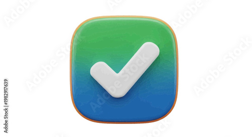 Vector illustration of 3d render of a green and blue gradient check mark icon on a rounded square on a transparent background