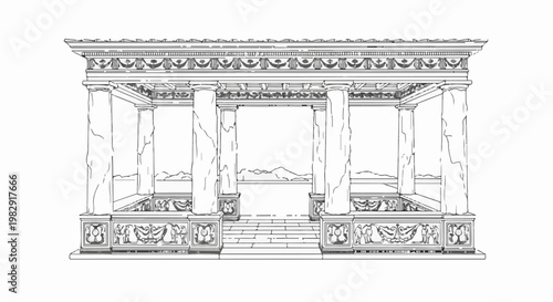 Ornate classical temple facade with columns and decorative frieze detail