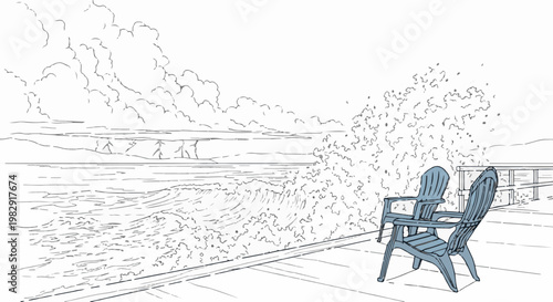 Two empty chairs overlook a breaking ocean wave under a dramatic cloudy sky
