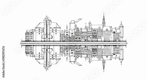 Ornate city skyline reflected in water, line art