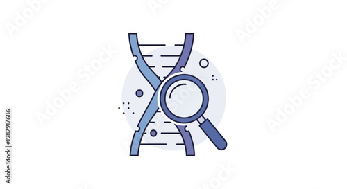 Illustration of a magnifying glass over a DNA double helix with a circular background and scattered dots in shades of blue on white.