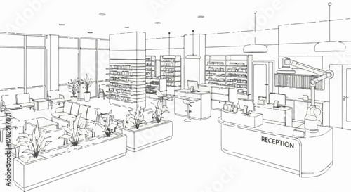 Modern interior design sketch of a reception area with seating and automated services