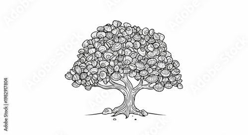 Whimsical tree with a dense crown of diverse seashells