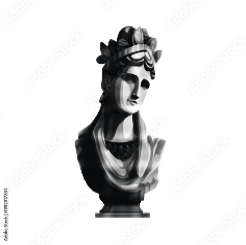 Halftone vintage Greek statue bust graphic Roman emperor head sculpture art print ancient mythology portrait vector illustration