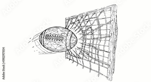 Wireframe of a football approaching a wireframe goalpost