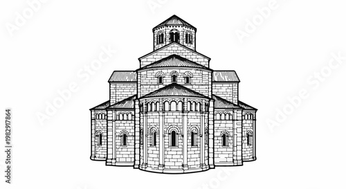Line art drawing of a stone cathedral with multiple rounded apses and a central dome