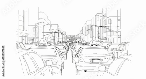 Line art depicts heavy traffic congestion on a city street with many cars