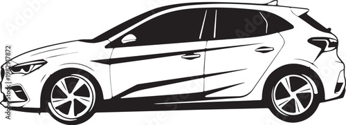 Modern hatchback car vector illustration, black and white automotive side view profile, sleek compact vehicle line art for vinyl decals