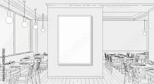 Interior sketch of a restaurant dining area with tables and chairs