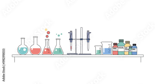 Illustration of a laboratory shelf with various colorful scientific equipment and supplies on a white background.