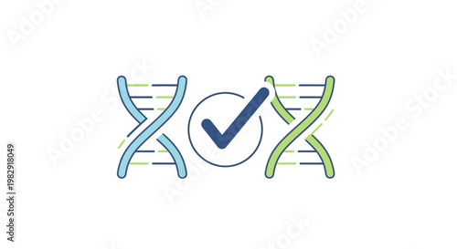 Graphic illustration of a checkmark between two DNA double helix strands in blue and green on a white background with a circular symbol.