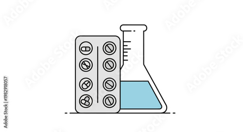 Line drawing of a blister pack of pills next to a laboratory beaker with blue liquid on a white background.