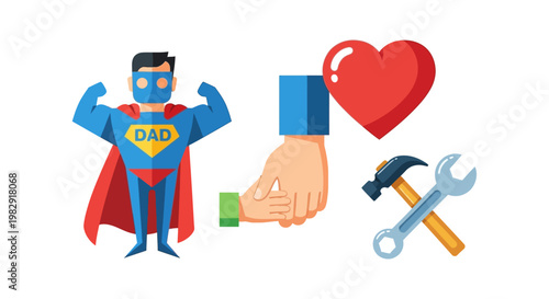Flat design illustration of a superhero character with flexed arms next to a handshake, heart and crossed hammer and wrench on a white background.