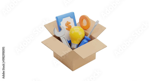Vector illustration of 3d illustration of a cardboard box containing a lightbulb, wrench, and money on a transparent background