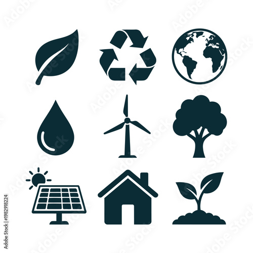 Vector set of ecology and renewable energy icons, solar panel, wind turbine, recycle symbol, green leaf, and planet earth isolated on white.