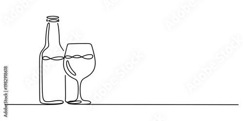 Continuous line drawing of a glass of wine and a bottle in a minimalist style