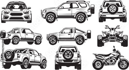 Off-road vehicle vector set, black and white 4x4 suv and pickup truck illustrations, adventure atv and motorcycle icons for automotive branding