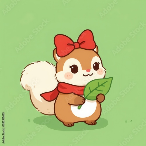 Cute Cartoon Squirrel Girl with Red Bow and Scarf Holding a Green Leaf in a Cheerful Pose, Perfect for Childrens Content or Nature Themes