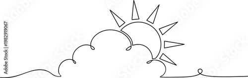 Minimalist sun and cloud line drawing, weather icon continuous line art, simple sunrise or sunset sky illustration