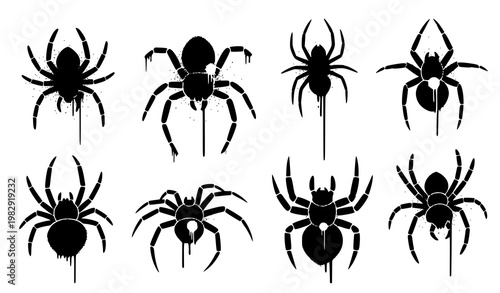 Spider graffiti stencil vector set spray paint drip urban illustration isolated on white