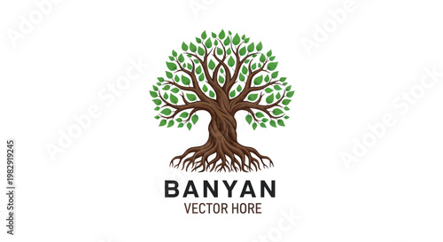 Banyan Tree Logo - Majestic Tree with Roots and Green Leaves on White Background