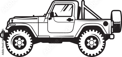 Off-road 4x4 vehicle vector illustration, rugged adventure suv side view, black and white line art of a mountain truck with spare tire