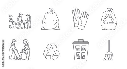 Community Cleanup Icons: People, Trash Bags, Gloves, Recycle Bin, Broom