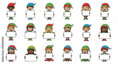 Cute Christmas Elves Holding Blank Signs for Text and Design